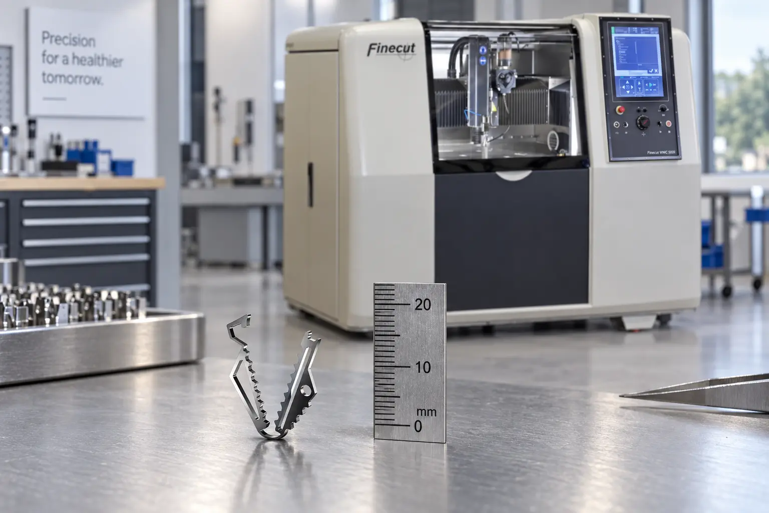 Precision-cut metal component beside a millimetre scale in front of a Finecut WMC 500 II system